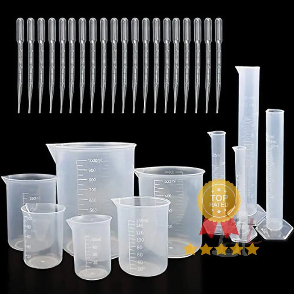 4 Pcs Plastic Graduated Cylinders 10Ml/25Ml/50Ml/100Ml And 6 Pcs Plastic Beakers 50Ml/100Ml/150Ml/250Ml/500Ml/1000Ml For Diy And Laboratory Measuring With 20 Plastic Droppers In 3 Ml 1