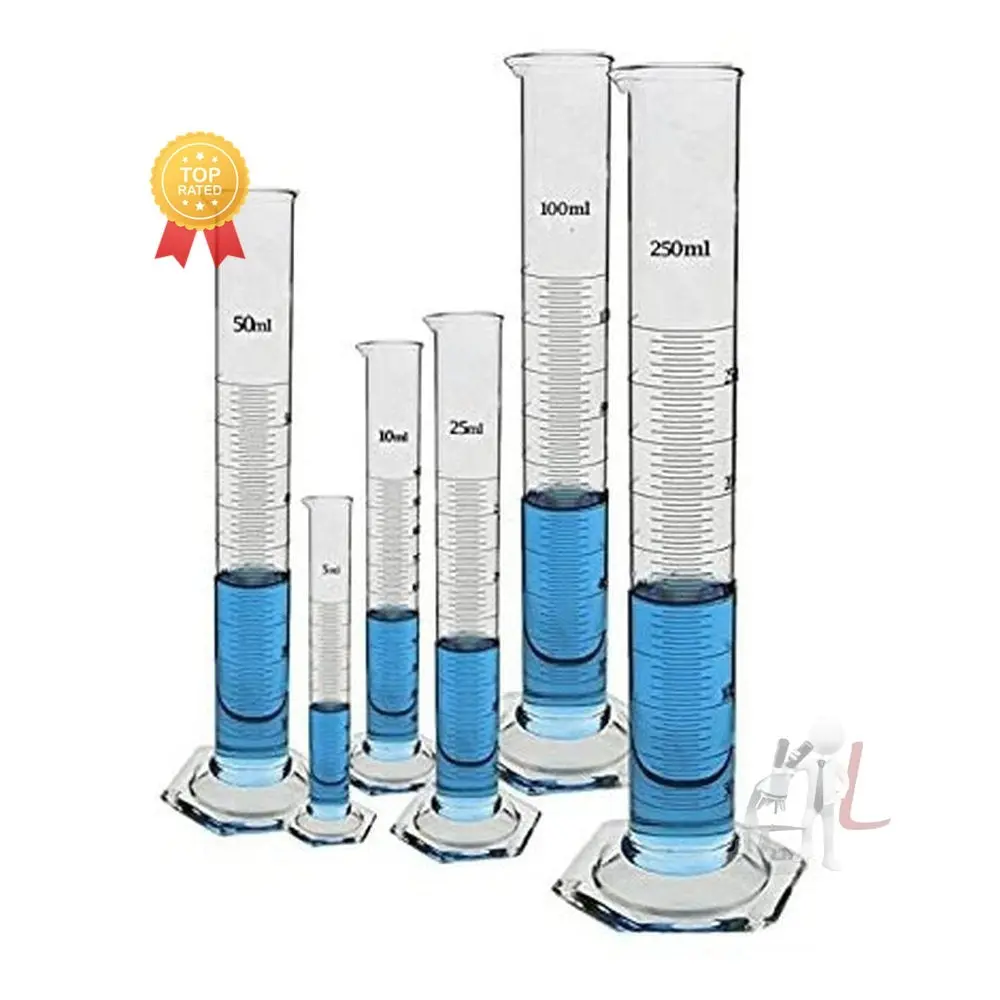 Borosilicate 3.3 Glass Measuring Cylinder 5 Ml, 10 Ml, 25 Ml, 50 Ml, 100 Ml, 250 Ml With Graduation Marks, Set Of 6 Measuring Cylinders 1