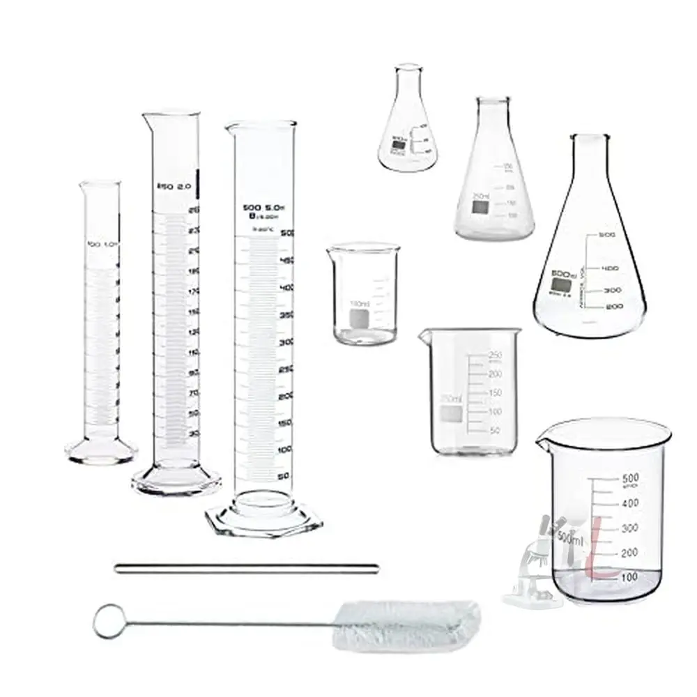 Chemistry Kit  Cylinder, Beakers And Conical Flask (100,250,500Ml) With Stirring Rod And Cleaning Brush - Pack Of 11 1