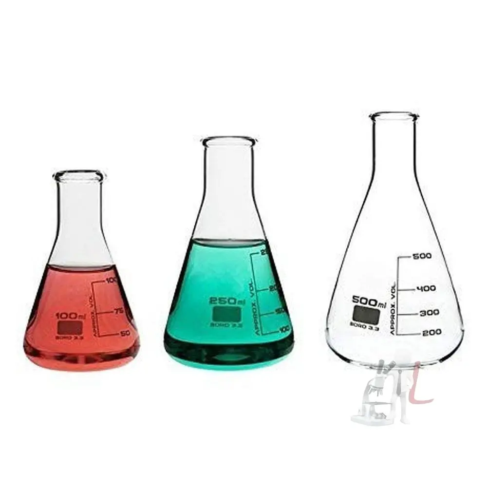 Conical Flask In Chemistry Lab 100 Ml, 250 Ml & 500 Ml, Made Of Borosilicate Glass 3.3, Graduated, Pack Of 3 1