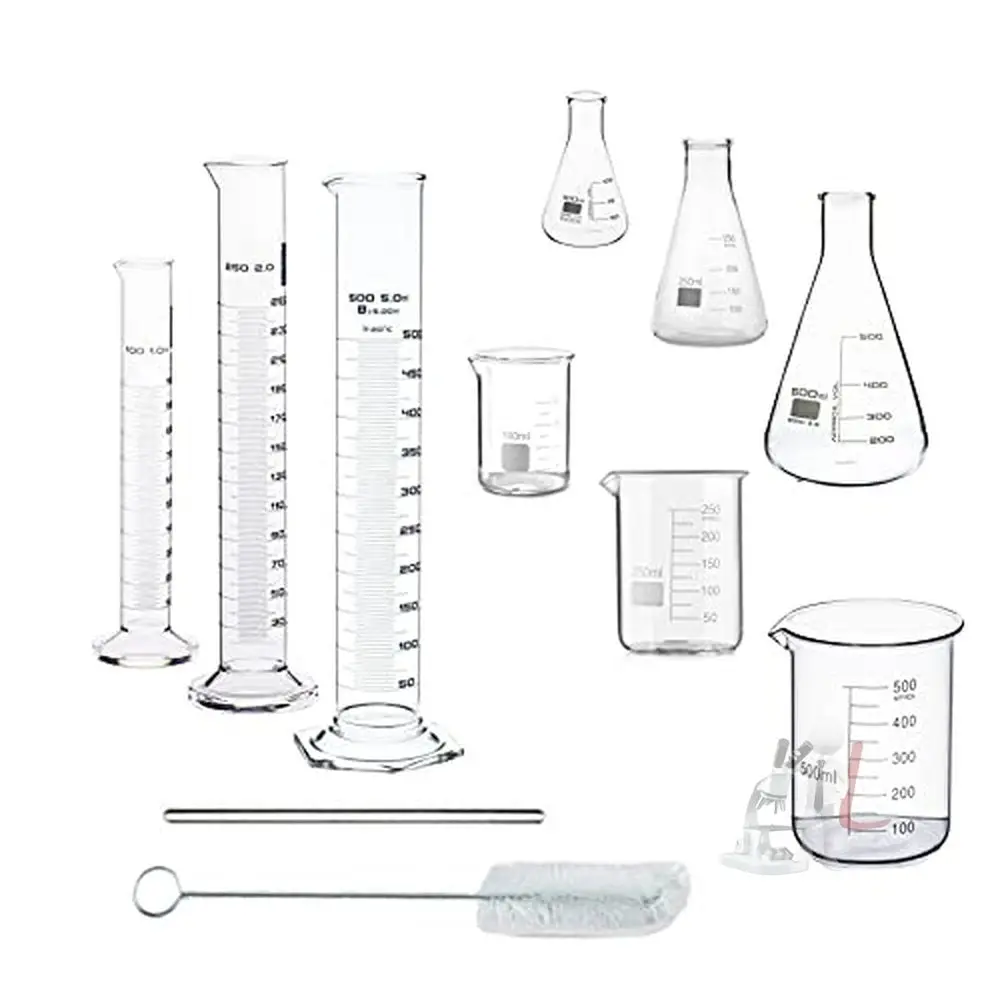 G.I Kit Cylinder, Beakers And Conical Flask (100,250,500Ml) With Stirring Rod And Cleaning Brush - Pack Of 11 1