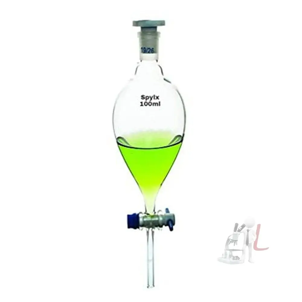 Spylx Borosilicate Glass 3.3 Separating Funnel Pear Shape With Stop Cork And Inter Changeable Plastic Stopper 100 Ml 1