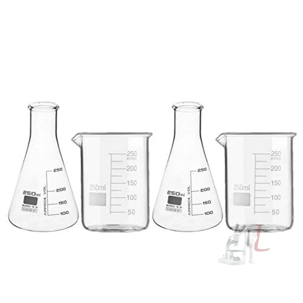 Spylx High Quality Borosilicate 3.3 Glass Beakers - 250 Ml 2 Pcs And Conical - 250 Ml 2 Pcs With Graduation Marks, Pack Of 4 1
