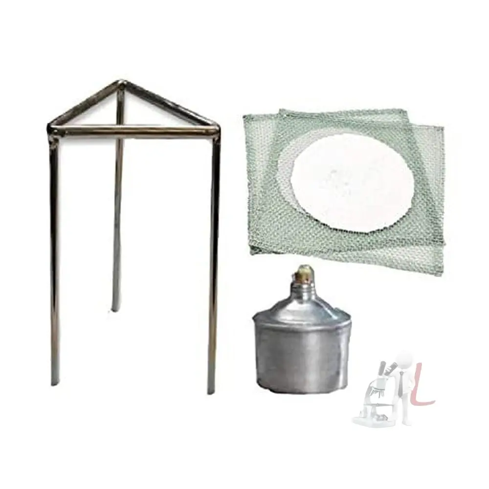 Spylx Lab Equipments Tripod Stand, Wire Gauge (2Pcs.), Aluminium Spirit Lamp (Combo Of 4) For Lab Use And Experiments 1