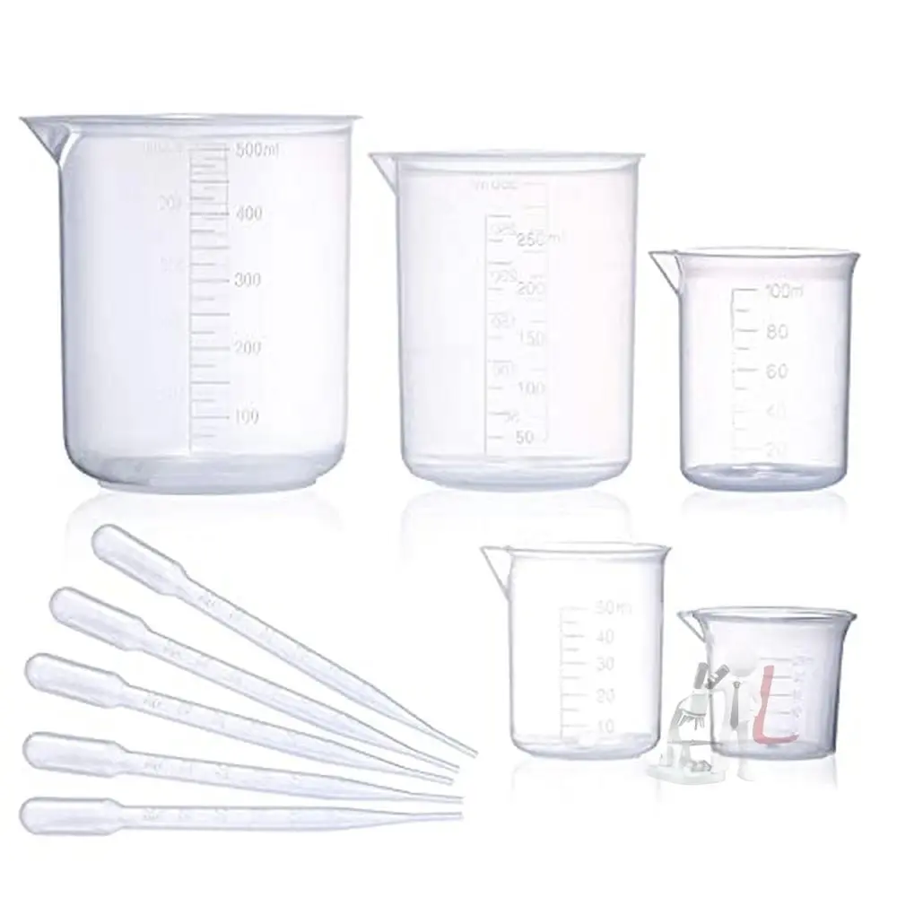 Spylx Plastic Beaker Set, 5 Sizes Low Form Measuring Graduated Beakers In 500 Ml, 250 Ml, 100 Ml, 50 Ml, 25 Ml For Laboratory, & Science Experiments With 5 Plastic Droppers In 3 Ml 1