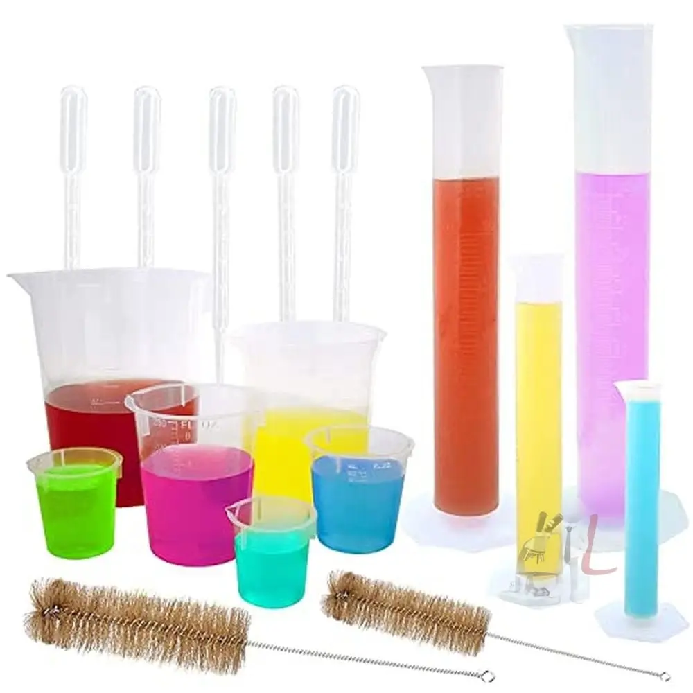 Spylx Plastic Graduated Cylinders And Beakers 10Ml 25Ml 50Ml 100Ml Cylinders With 30Ml 50Ml 100Ml 250Ml 500Ml 1000Ml Plastic Beakers 2 Brushes 5 Droppers Great For Home School Science Lab 1