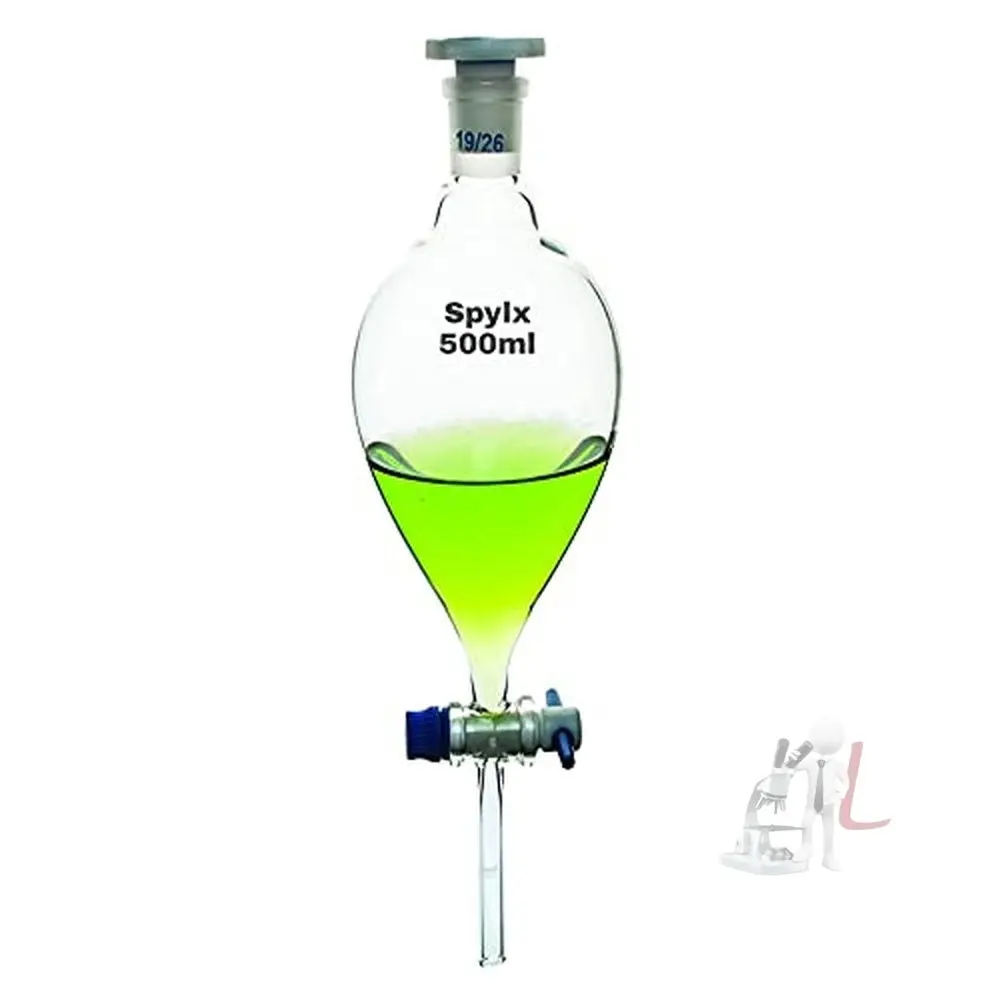 Scifa Borosilicate Glass 3.3 500 Ml Separatory Funnel Pear Shape With Stop Cork And Inter Changeable Plastic Stopper - Pack Of 2-500 Ml 1