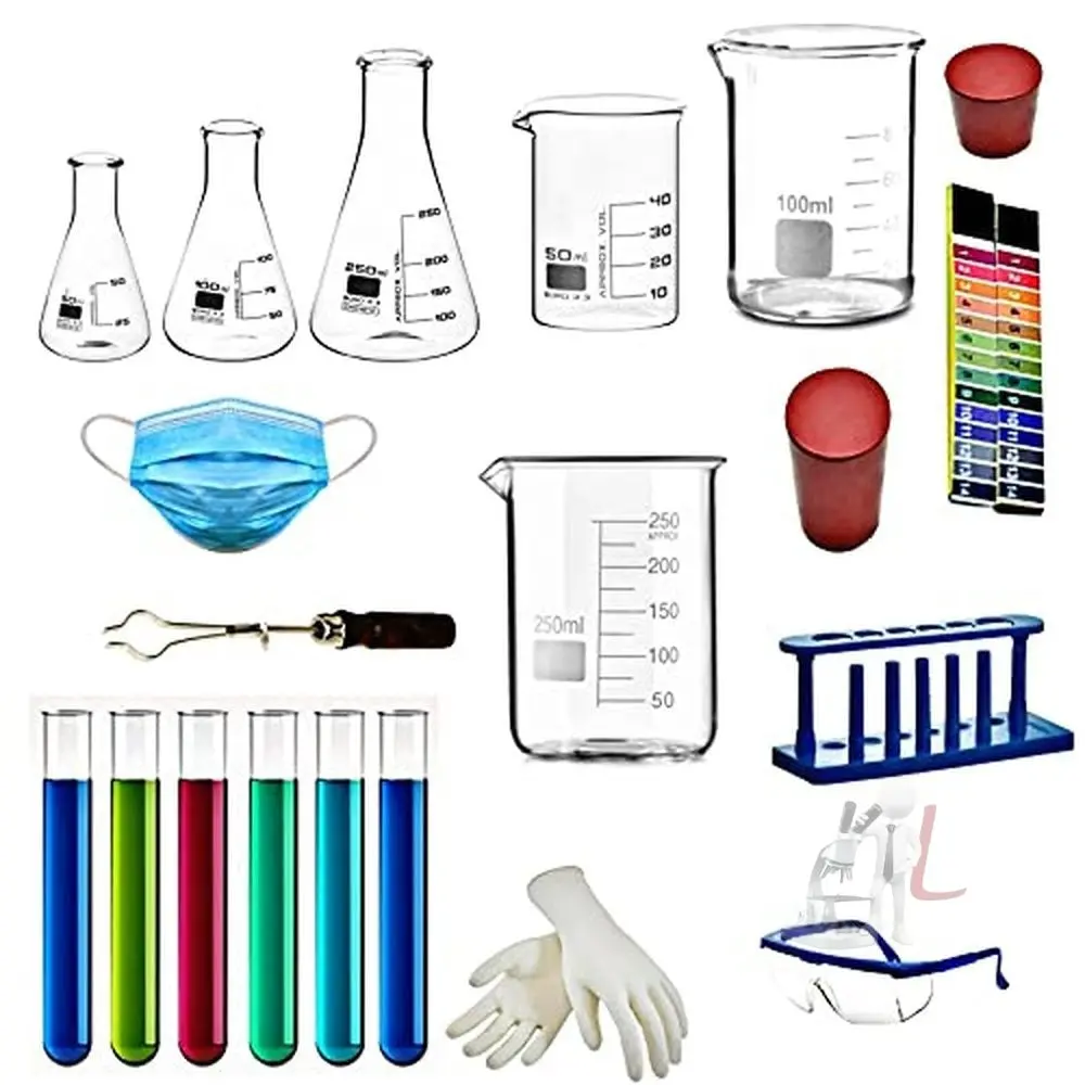 Scifa Chemistry Kit Combo 3 Beakers, 3 Conical Flask, 6 Test Tube, 1 Mask, 1 Scientific Goggles, 1 Test Tube Holder, 1 Test Tube Stand, 2 Rubber Cork, 2 Packs Of Ph Papers- Pack Of 20 1