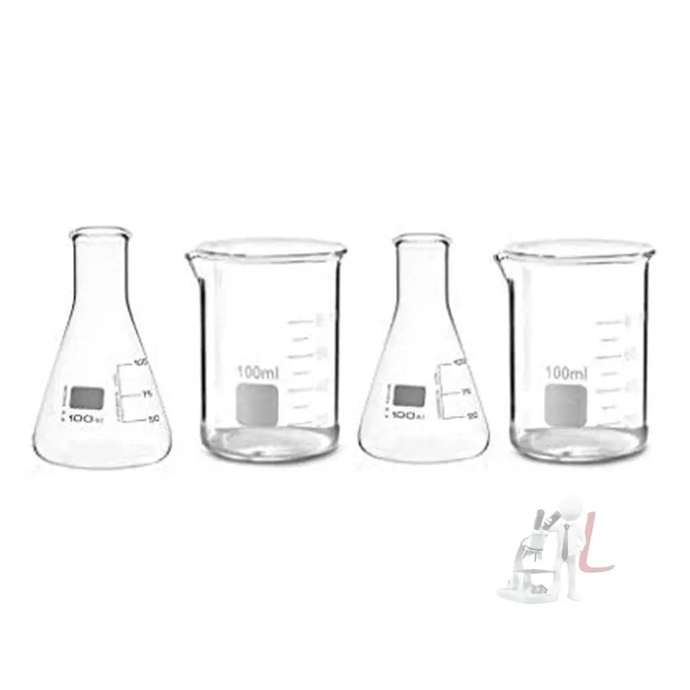 Scifa High Quality Borosilicate 3.3 Glass Beakers - 100 Ml 2Pcs And Conical - 100 Ml 2Pcs With Graduation Marks, Pack Of 4 1