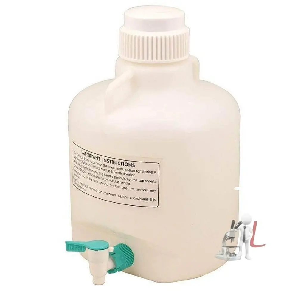 Carboy Bottle With Stopcock, 20 Liter Capacity, White Premium Polypropylene With 2 Handles 1